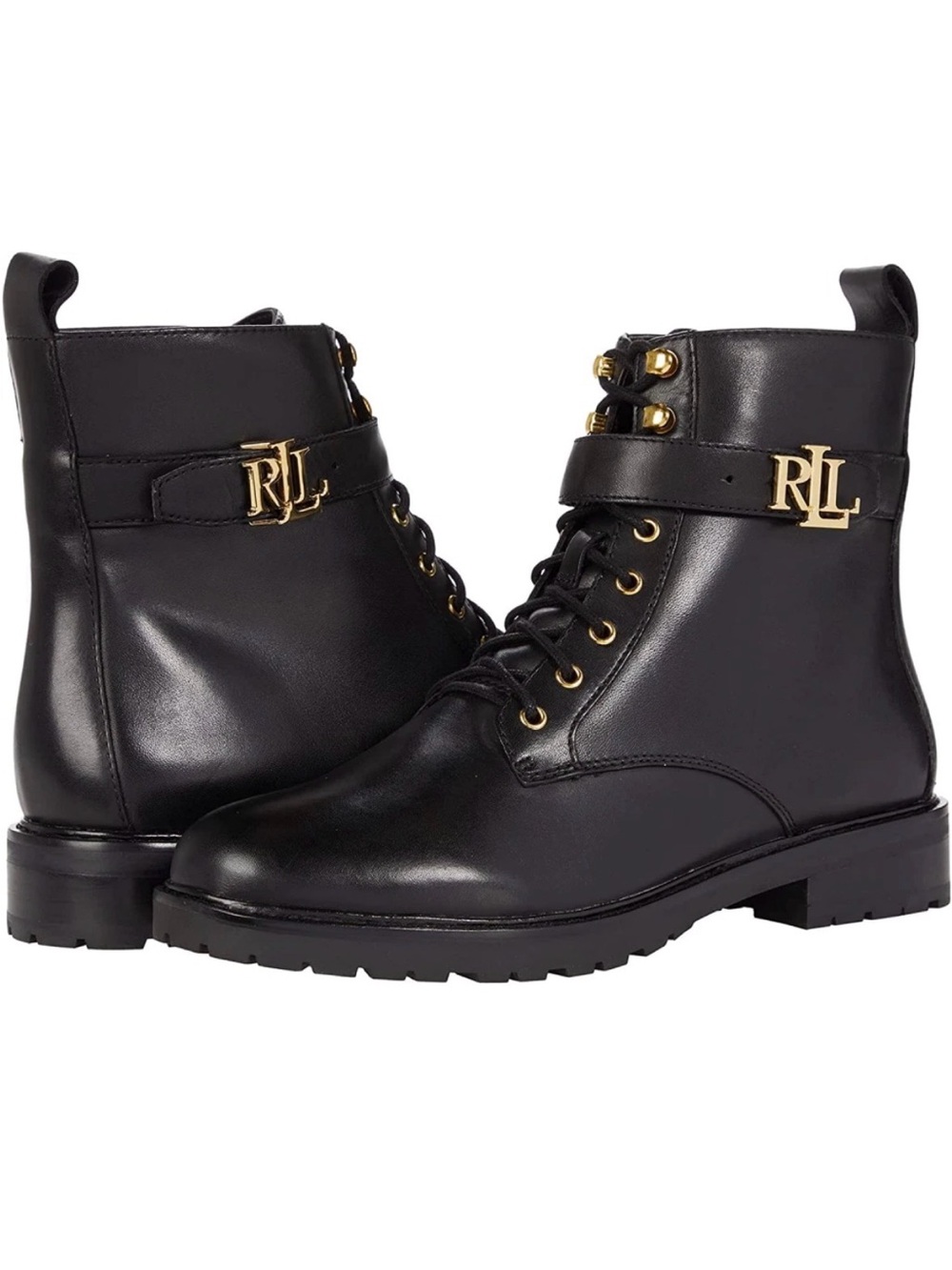 Ralph Lauren Black Leather RL Logo Lace-Up Moto Boots with Gold Hardware 7